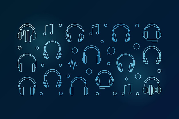 Auriculares azul banner horizontal ilustración vectorial