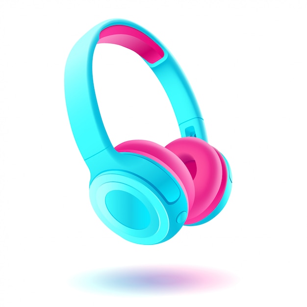 Auriculares azules y rosados en el fondo blanco, ilustración realista.