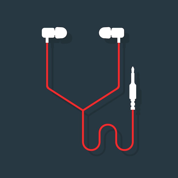 Auriculares blancos y rojos. concepto de artículos meloman, audífonos, tapones para los oídos, multimedia, estilo de vida hipster, melodía, grabación envolvente, fanático de la música o amante. Ilustración de vector de diseño de logotipo moderno de tendencia de estilo plano