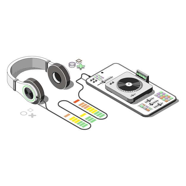Auriculares y concepto de teléfono música en línea y podcasting isométrico aislado sobre fondo blanco Ilustración vectorial