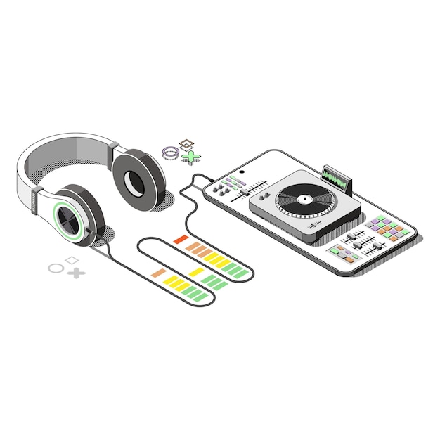 Auriculares y concepto de teléfono música en línea y podcasting isométrico aislado sobre fondo blanco ilustración vectorial