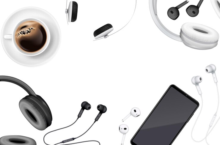 Vector auriculares escritorio composición realista