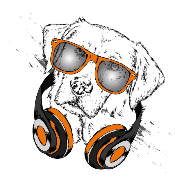 Auriculares y hermoso perro