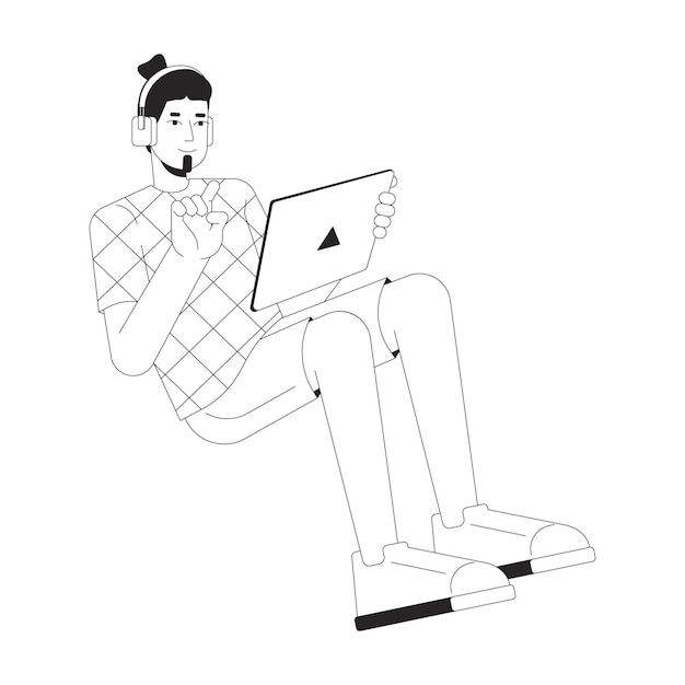 Auriculares hombre caucásico sosteniendo tableta en blanco y negro 2D línea personaje de dibujos animados tableta jugando hombre barbudo aislado contorno vectorial persona ocio adulto ilustración de punto plano monocromático