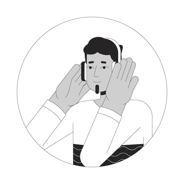Vector auriculares hombre indio barbudo en blanco y negro 2d ilustración de avatar vectorial chico del sur de asia escuchando ritmos de música contorno cara de personaje de dibujos animados aislado oyente de podcast imagen de perfil de usuario plano