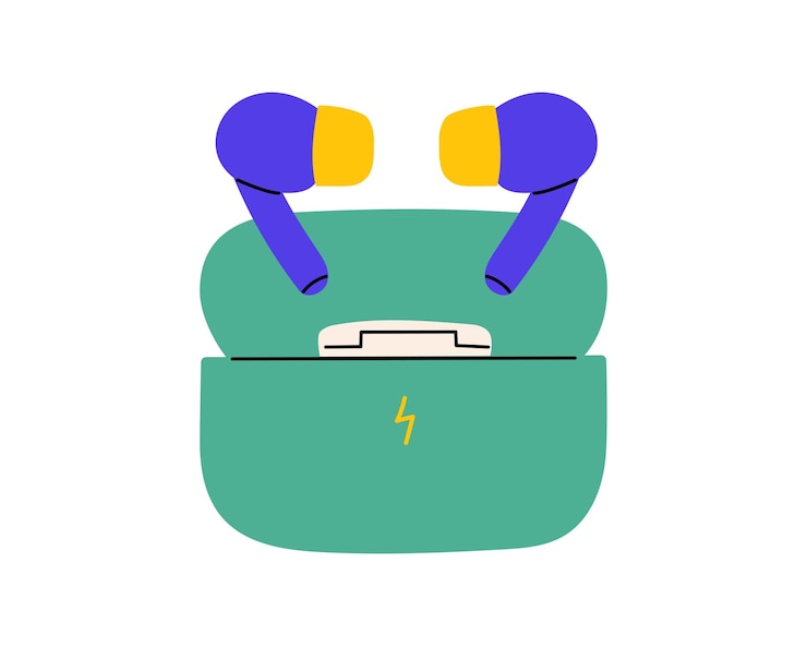 Vector auriculares inalámbricos con caja de carga ilustración vectorial para dispositivos de audio tecnología inalámbrica y accesorios musicales
