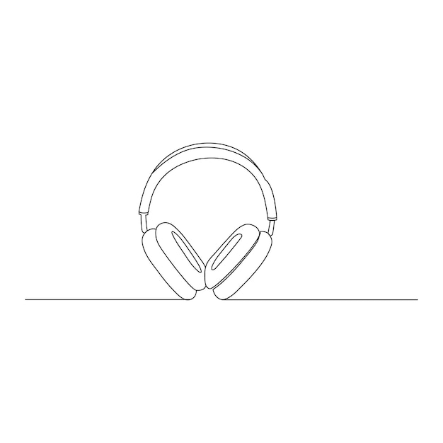 auriculares, línea continua, dibujo, escuchar música, gadget inalámbrico, vector, ilustración, aislado, en