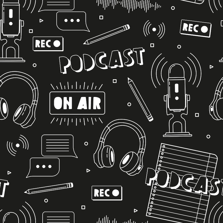 Vector auriculares, micrófono, lista de notas, té, iconos de burbujas de discurso sin costuras. grabación de podcasts