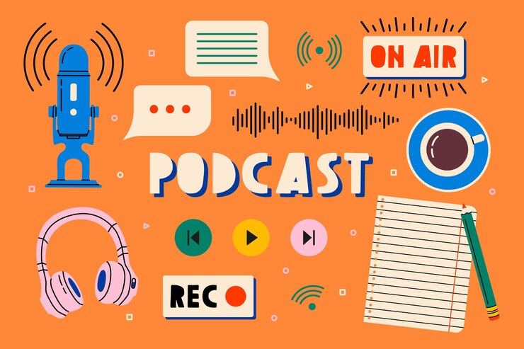 Vector auriculares, micrófono, lista de notas, té, iconos de burbujas de voz. grabación y escucha de podcasts