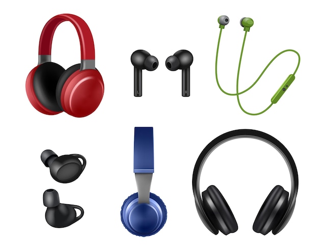 Vector auriculares de música símbolos de audio realistas música auriculares modernos colección de vectores decentes conjunto de colores