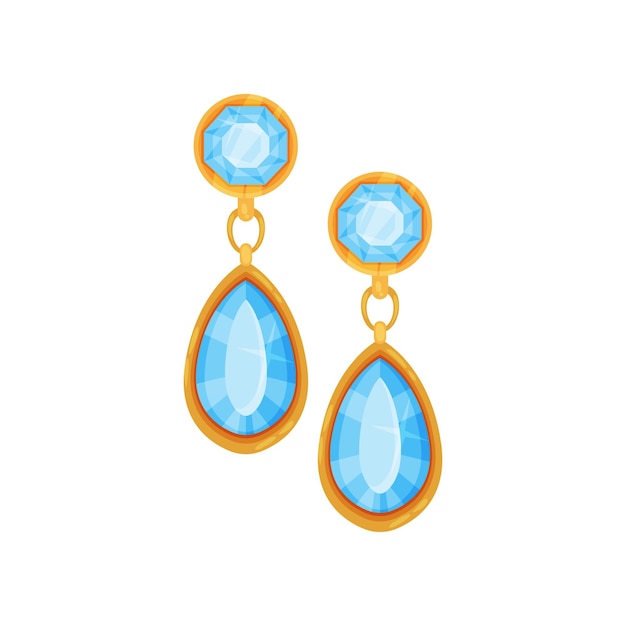 Auriculares de oro con piedras preciosas azules ilustración vectorial de joyas de moda sobre un fondo blanco