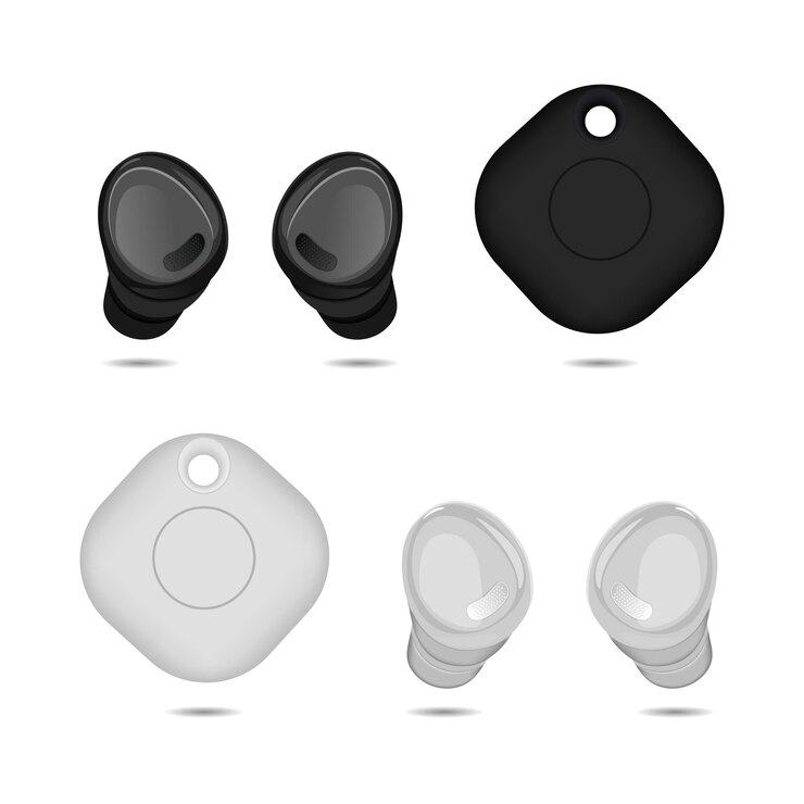Vector auriculares y rastreadores inalámbricos blancos y negros.