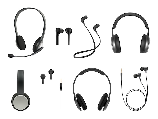 Vector auriculares realistas. auriculares música equipo moderno colección de auriculares inalámbricos