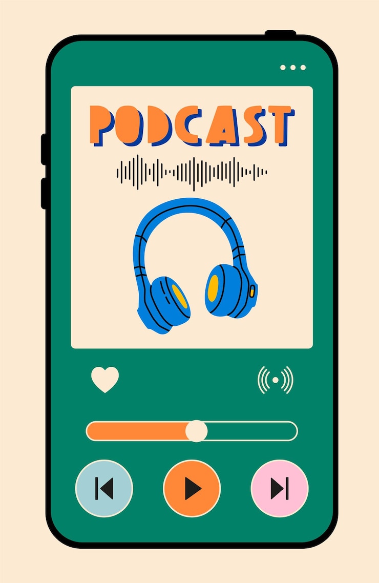 Vector auriculares y título de podcast en la pantalla del teléfono. grabación y escucha de podcasts, transmisión, en línea
