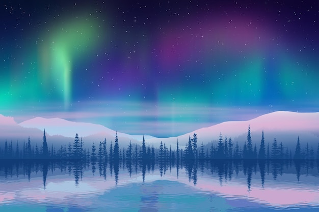 Aurora boreal reflejada en el agua ilustración de vacaciones de invierno norte