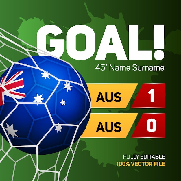 Australia bandera fútbol fútbol pelota maqueta puntuación gol marcador banner 3d vector ilustración