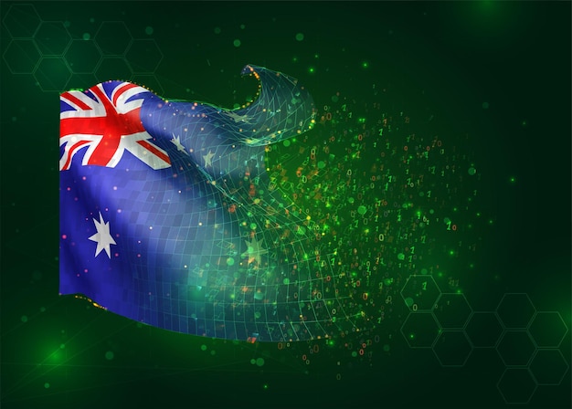 Australia en vector 3d bandera sobre fondo verde con polígonos y números de datos