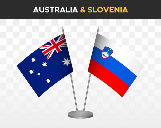 Australia vs Eslovenia banderas de escritorio maqueta aislado 3d vector ilustración banderas de mesa