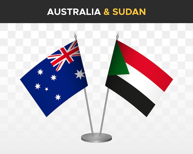Australia vs Sudán banderas de escritorio maqueta aislado 3d vector ilustración banderas de mesa