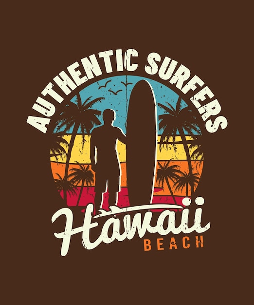 Vector auténtico diseño de camiseta surfers hawaii beach para surfistas