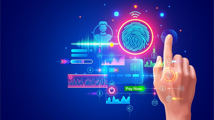 Vector authorization with fingerprints in banking app for payment system of identify person in internet service digital access with biometric data technology scanner scanning index finger on hand user