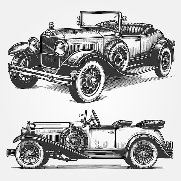 Auto antiguo dibujado a mano en blanco y negro Ilustración vectorial de diseño de arte