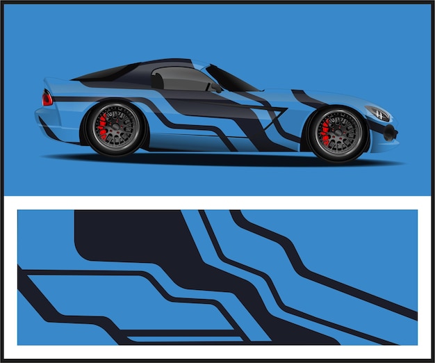 Un auto azul con un diseño negro en el lateral.