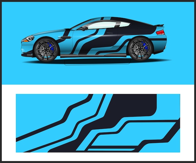 Un auto azul con una franja negra que dice bmw.