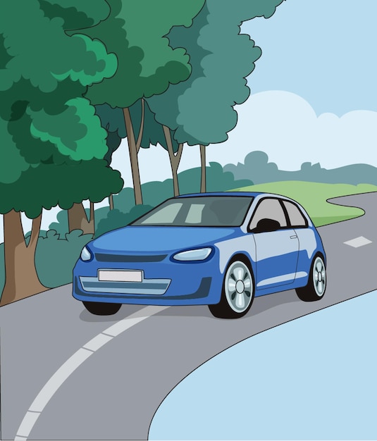 Un auto azul moviéndose en la carretera con árboles al costado