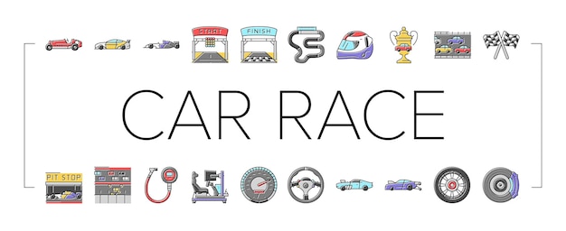 Auto carrera vehículo velocidad auto iconos conjunto vector