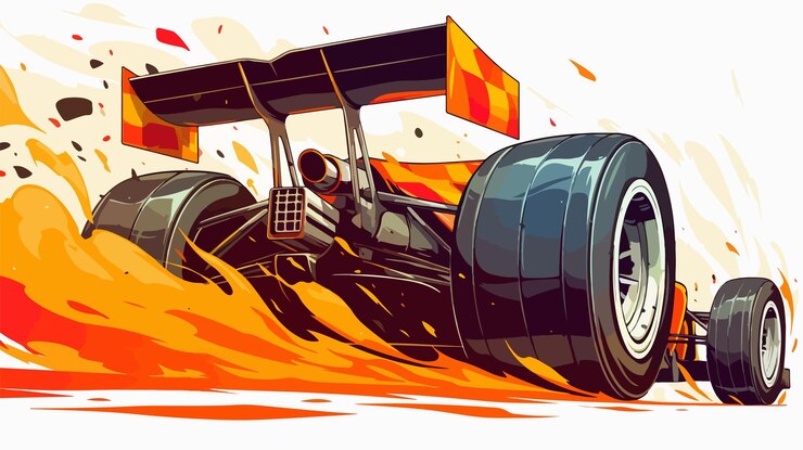 Vector auto de carreras de neumáticos de alto octano y bandera a cuadros en llamas