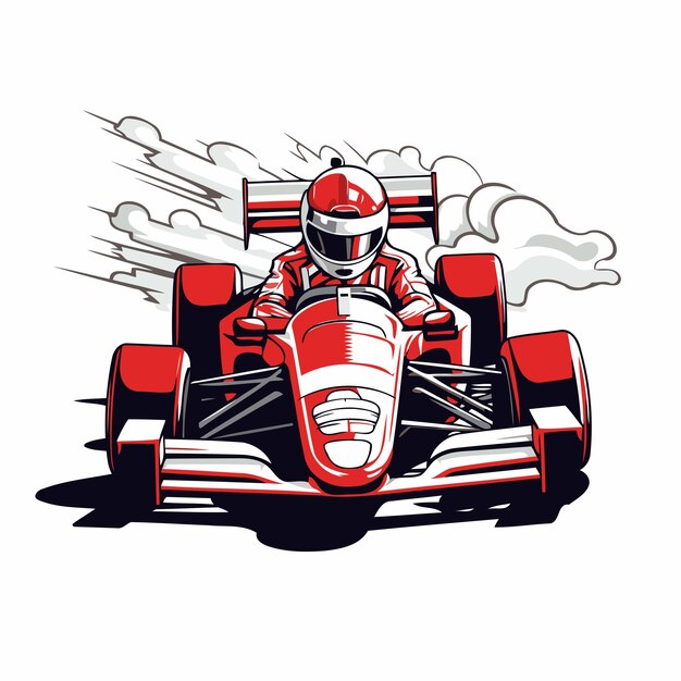 Auto de carreras rojo con conductor en una pista de carreras Ilustración vectorial