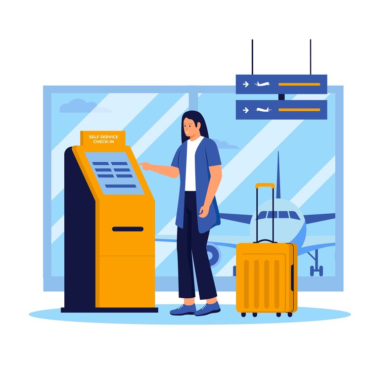 Vector auto check-in de la mujer en la máquina automática en la terminal del aeropuerto