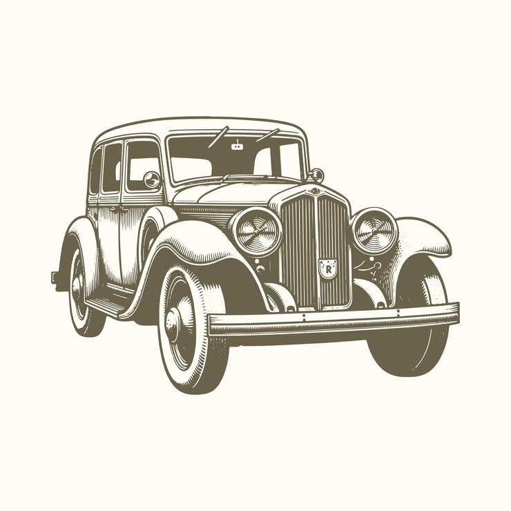 Vector auto clásico en estilo de grabado ilustración de vehículo retro dibujada a mano