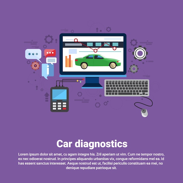 Auto computer diagnostics service auto mechanics negocio web banner flat vector illustration