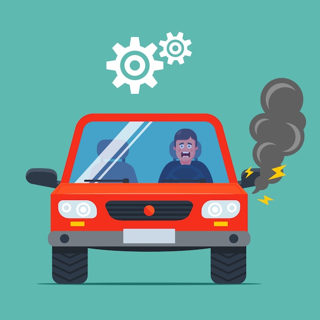 El auto se descompuso y fuma. conductor molesto ilustración plana