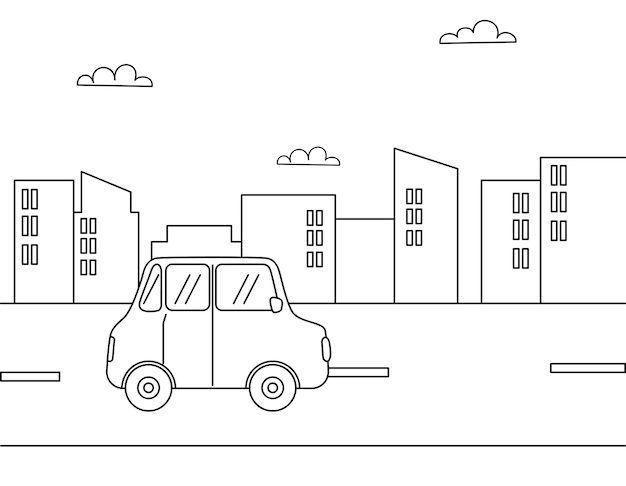 Auto dibujado a mano en la ilustración de la ciudad