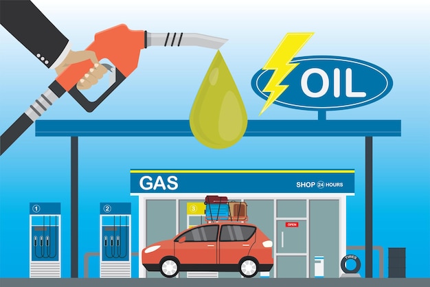 Auto estacionado con gasolina y supermercado bomba de combustible en la mano ilustración vectorial del hombre