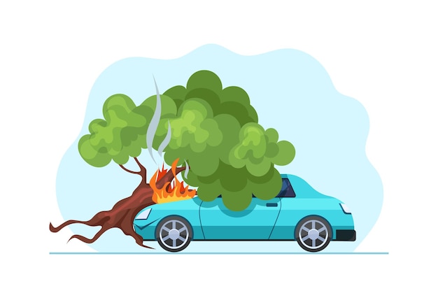 El auto se estrelló contra un árbol y el capó se incendió, un árbol roto cayó sobre un auto azul y lo dañó