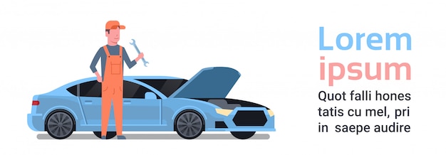 Auto mecánico hombre reparación de coches rotos. Plantilla de texto Concepto de auto servicio