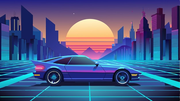 un auto con una puesta de sol de fondo