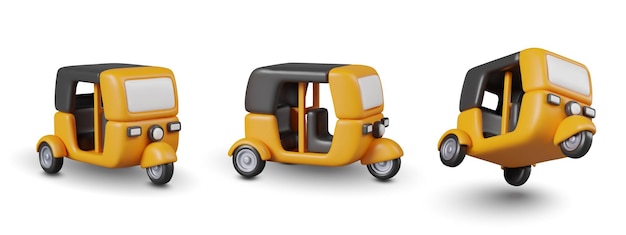 Auto rickshaw amarillo realista en diferentes posiciones Conjunto de ilustraciones vectoriales aisladas