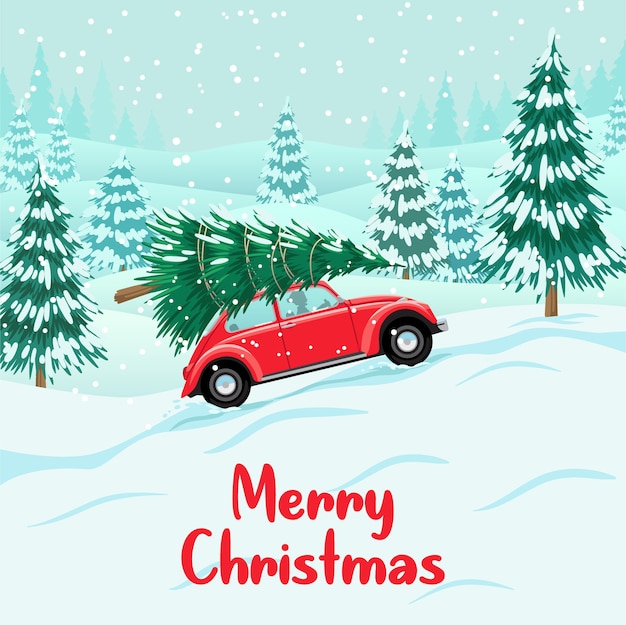 Auto rojo con árbol de Navidad en el techo, bosque nevado, preparándose para la celebración