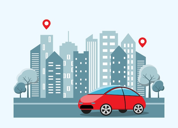 Auto rojo en el fondo de la silueta de la ciudad Silueta urbana en ilustración plana vectorial urba