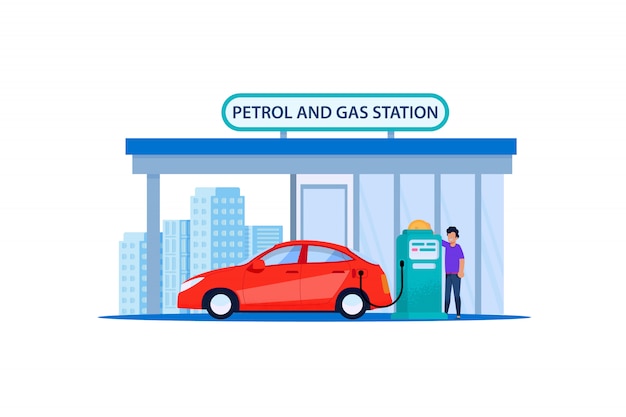 Auto rojo en gasolinera y gasolinera. recarga del cliente servicio de automoción en carretera urbana. hombre de reabastecimiento de petróleo en vehículo de viaje en sedán. ilustración plana de la potencia del combustible del automóvil.