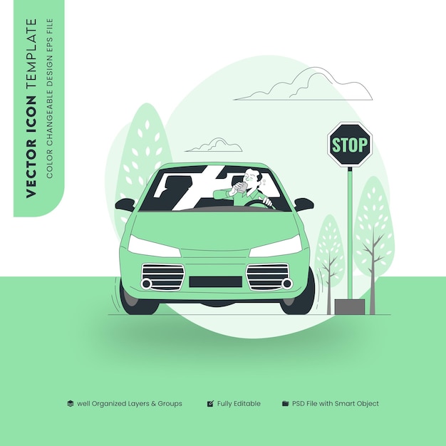 Auto en una señal de parada - plantilla de icono vectorial