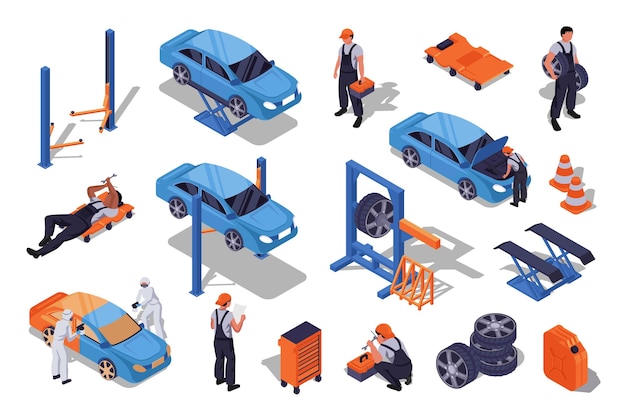 Auto service 3d isometric set Collection isolated flat elements of garage tools car lifters wheel alignment technicians work repair equipment automobile maintenance more Vector illustration