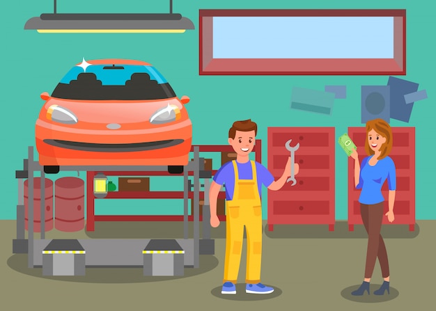 Vector auto servicio, taller de ilustración en color plano