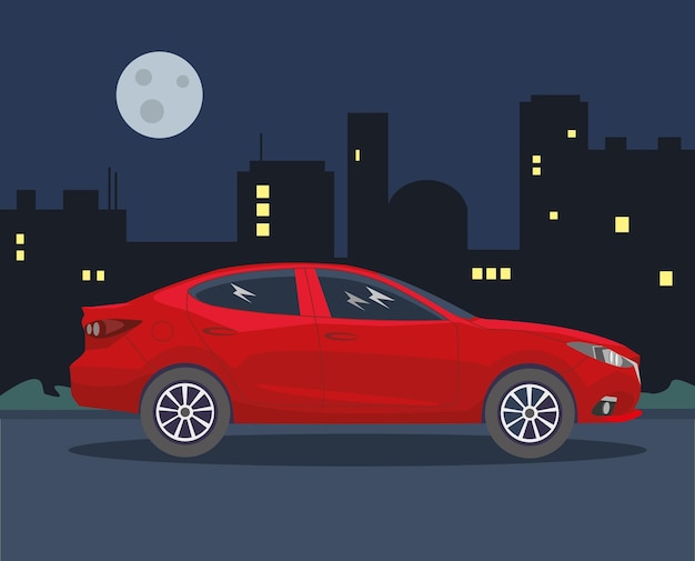 El auto sobre un fondo de ciudad nocturna. ilustración vectorial