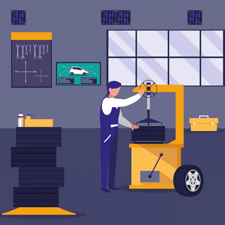 Vector auto en taller de mantenimiento con mecanico trabajando